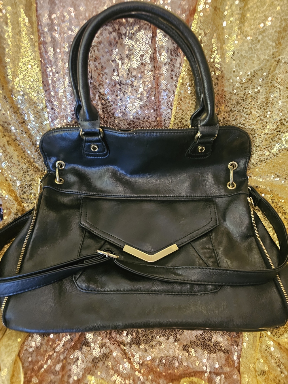 Steve Madden Black Shoulder Satchel with Gold Accent